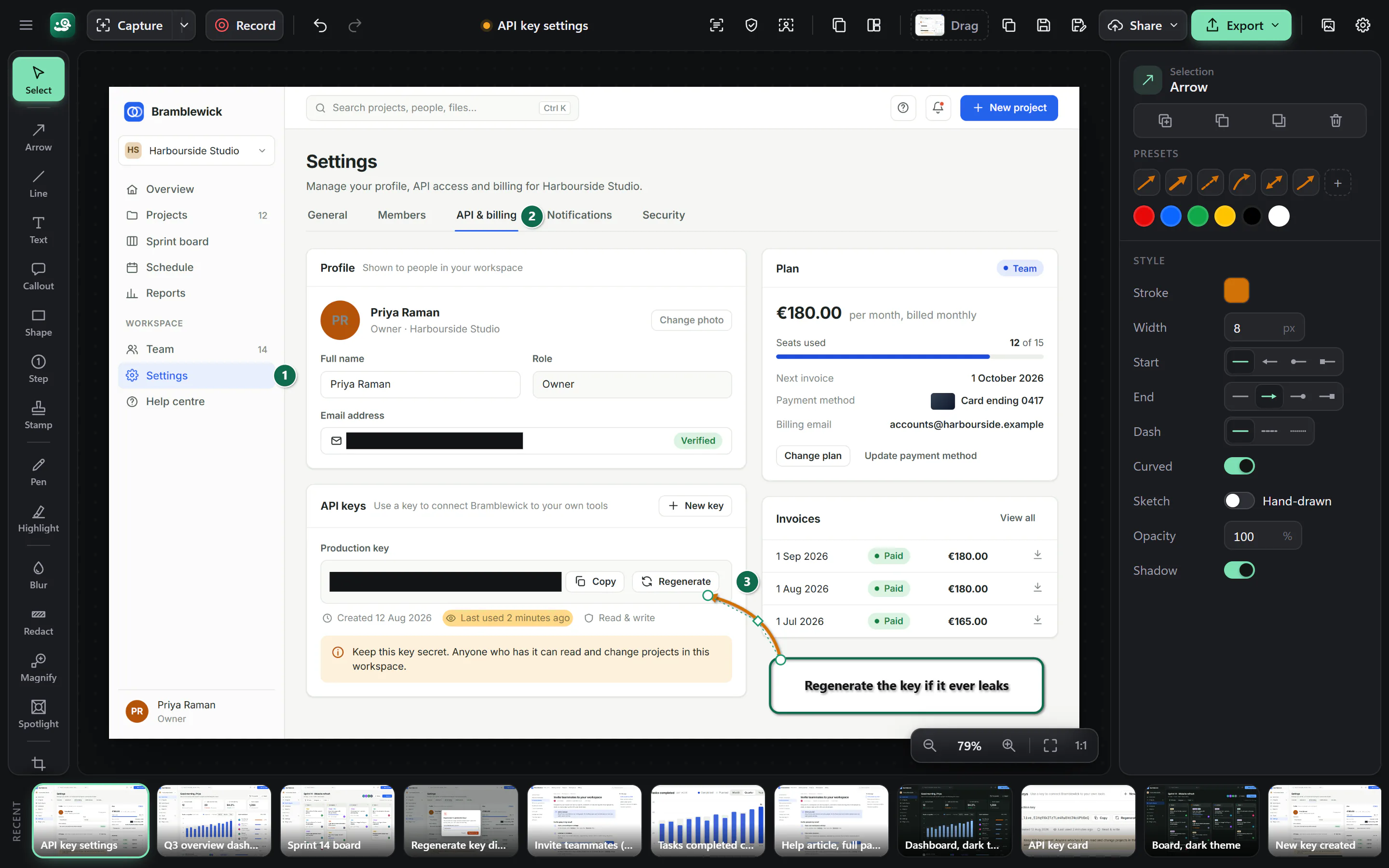 Snappington's editor in dark mode. A captured settings page is marked up with three numbered steps, a highlight on 'Last used 2 minutes ago', black redaction bars hiding an email address and an API key, and a callout reading 'Regenerate the key if it ever leaks' with a curved arrow to the Regenerate button. The arrow is selected and its style options show in the panel on the right; a strip of recent captures runs along the bottom.